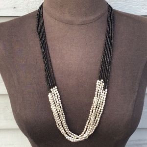 Silver & Black Beaded Long Multi Strand Necklace